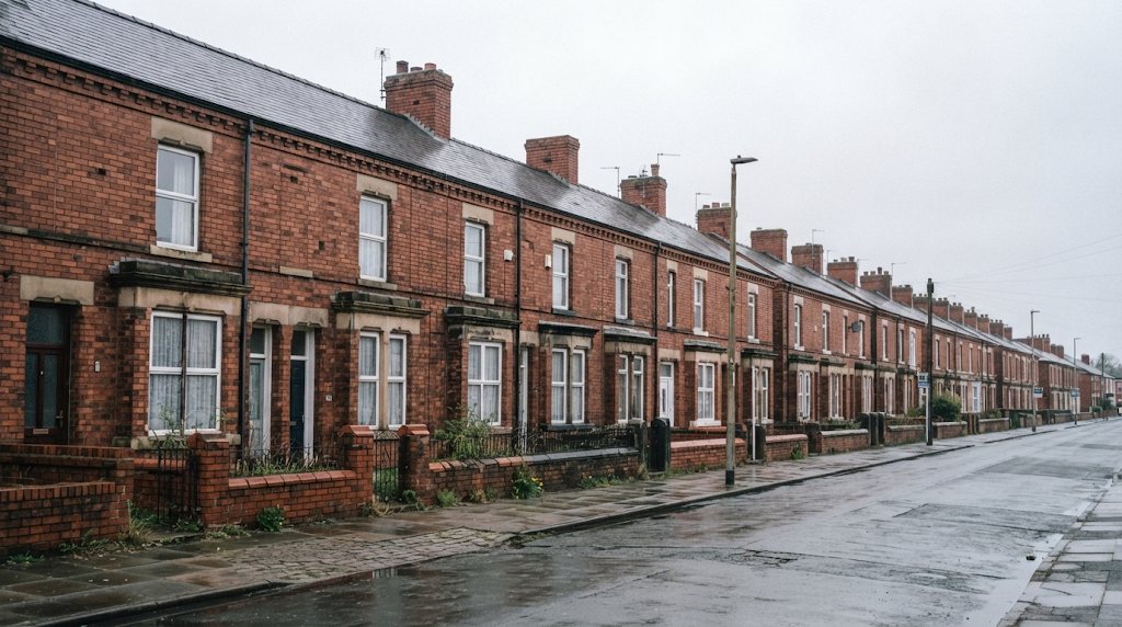 Terraced street with older garages